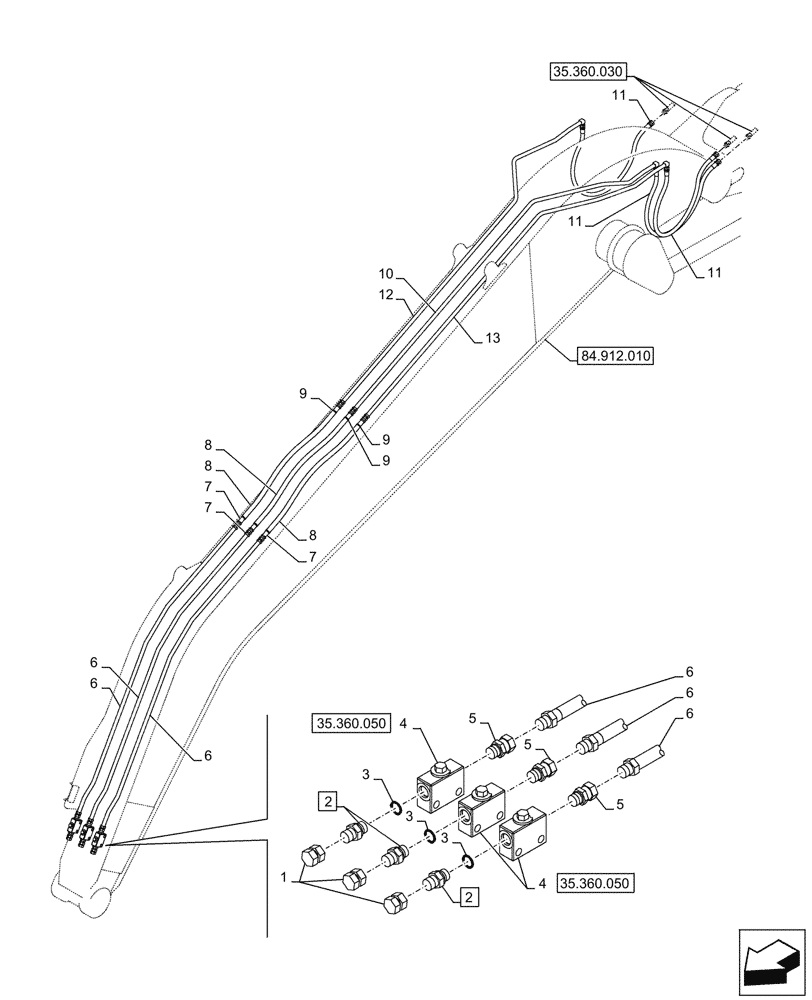 Схема запчастей Case CX290D LC SL - (35.360.040) - VAR - 461863 - ARM, LINE, CLAMSHELL BUCKET, ROTATION, W/ ELECTRICAL PROPORTIONAL CONTROL (35) - HYDRAULIC SYSTEMS