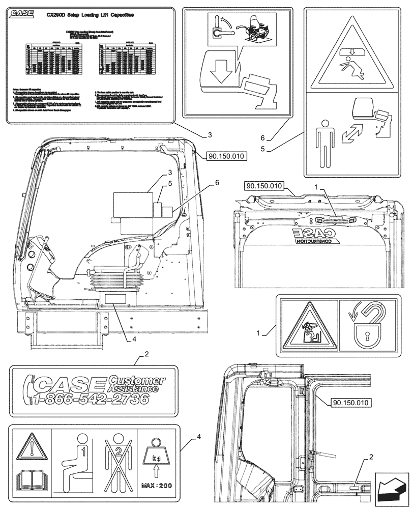 Схема запчастей Case CX290D LC MH - (90.108.020) - WARNING, DECALS (90) - PLATFORM, CAB, BODYWORK AND DECALS