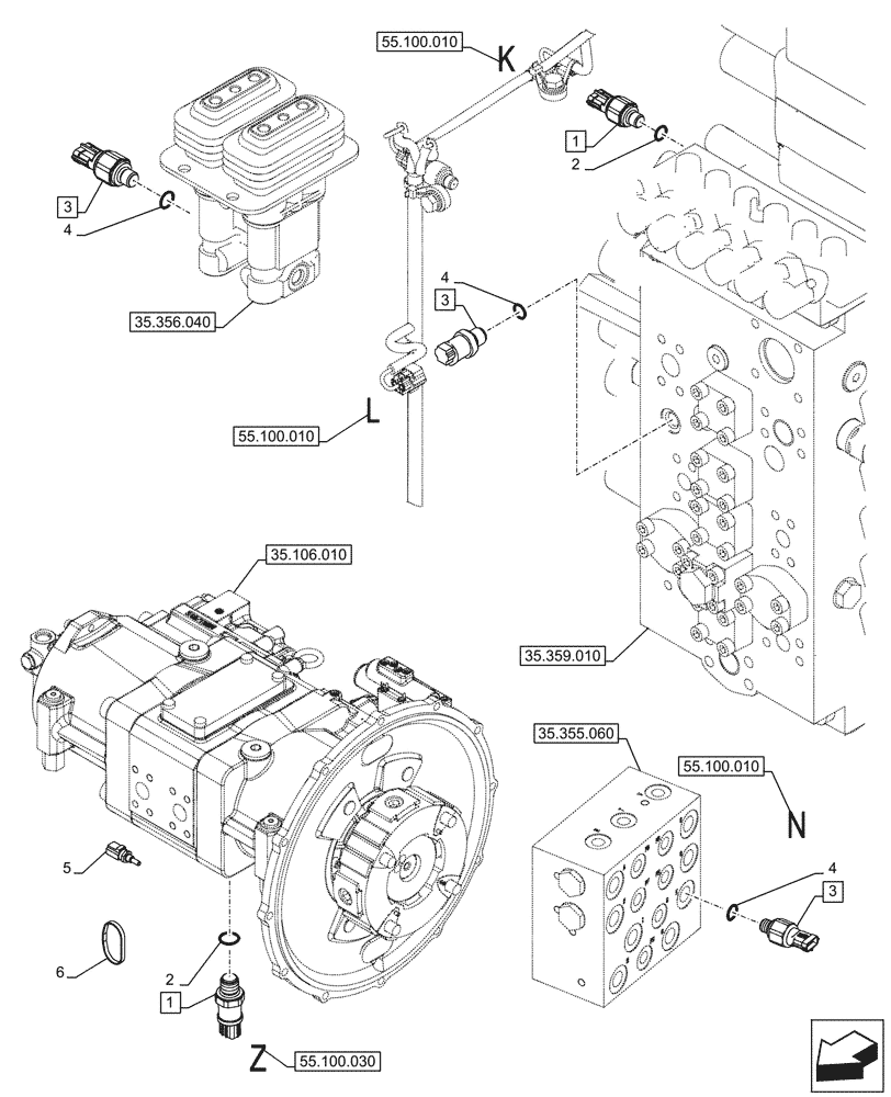 Схема запчастей Case CX290D LC MH - (55.036.010) - HYDRAULIC SYSTEM, SENSOR (55) - ELECTRICAL SYSTEMS