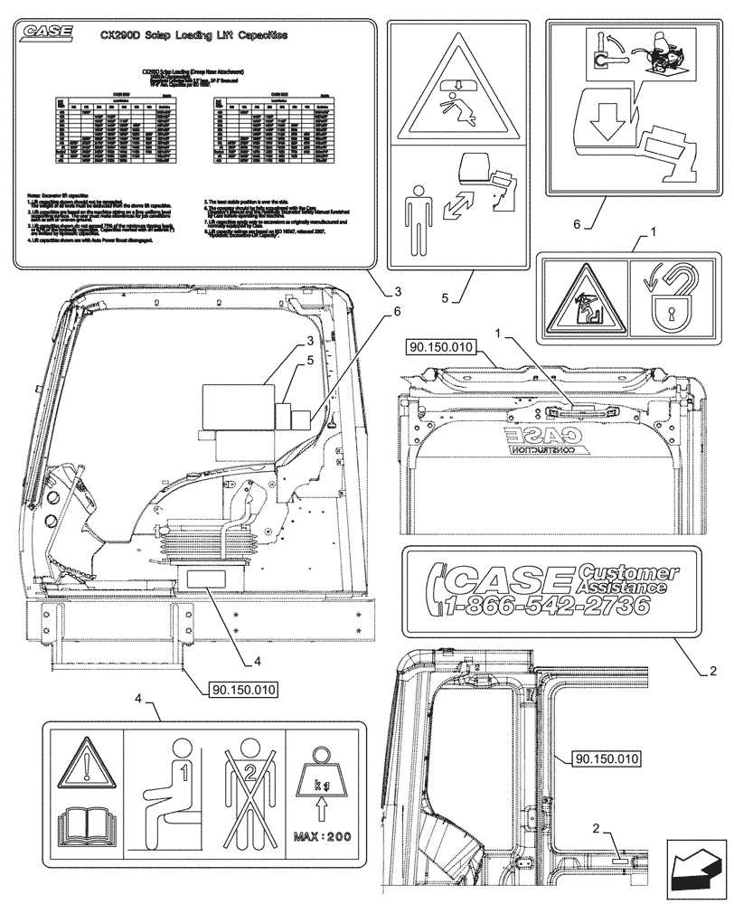 Схема запчастей Case CX290D LC SL - (90.108.020) - WARNING, DECALS (90) - PLATFORM, CAB, BODYWORK AND DECALS