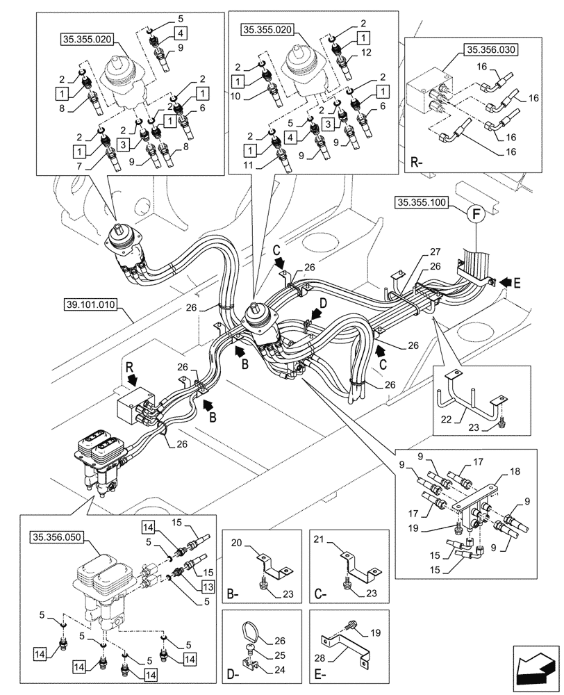 Схема запчастей Case CX290D LC MH - (35.355.090) - VAR - 461558 - JOYSTICK, HYDRAULIC LINE, CONTROL VALVE, CONTROL PATTERN SELECTION (35) - HYDRAULIC SYSTEMS