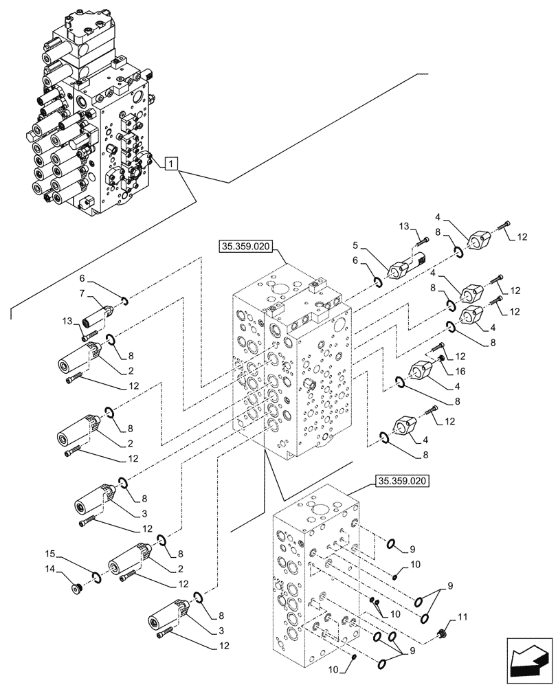 Схема запчастей Case CX290D LC SL - (35.359.030) - VAR - 461863 - CONTROL VALVE, CLAMSHELL BUCKET, ROTATION, W/ ELECTRICAL PROPORTIONAL CONTROL, COMPONENTS (35) - HYDRAULIC SYSTEMS