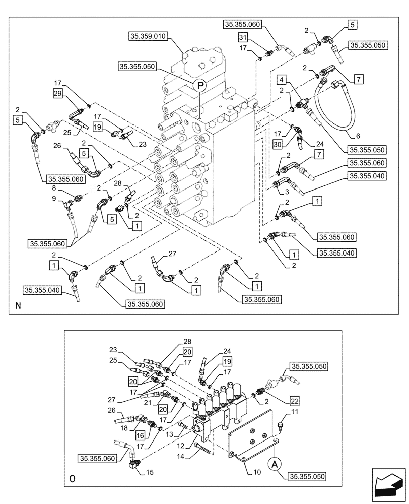 Схема запчастей Case CX290D LC SL - (35.355.070) - JOYSTICK, HYDRAULIC LINE, CONTROL VALVE (35) - HYDRAULIC SYSTEMS