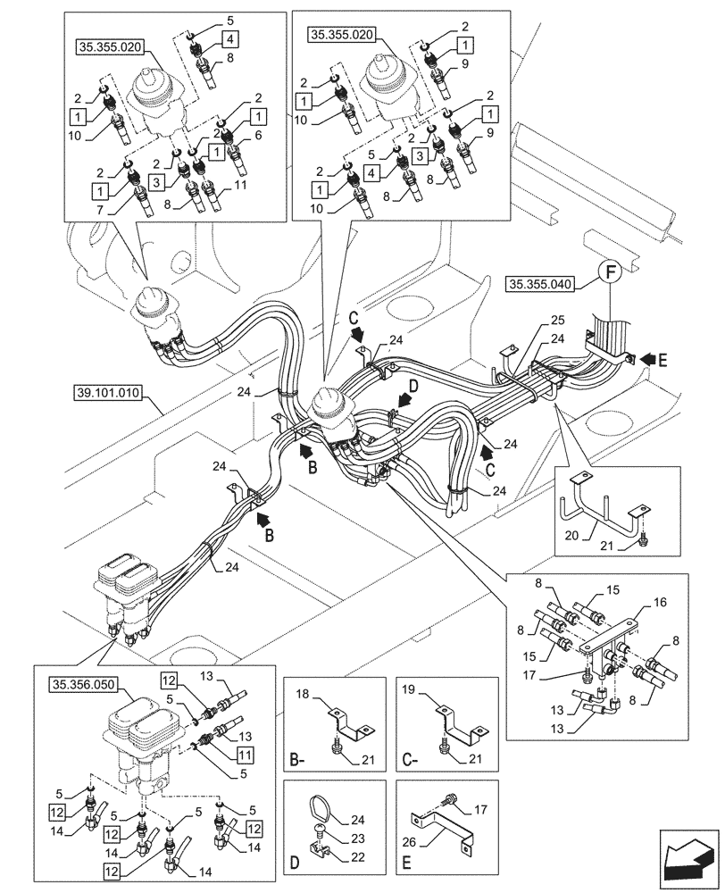 Схема запчастей Case CX290D LC SL - (35.355.030) - JOYSTICK, HYDRAULIC LINE, CONTROL VALVE (35) - HYDRAULIC SYSTEMS