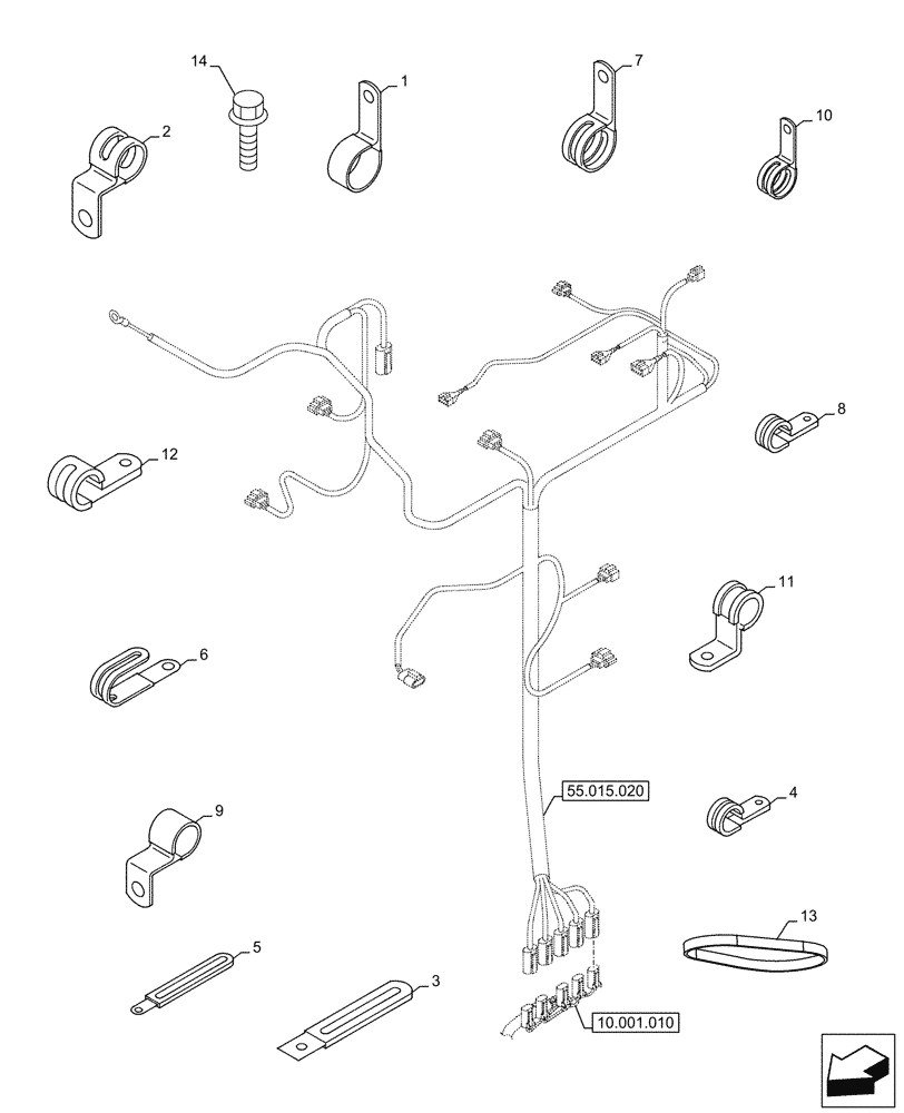 Схема запчастей Case AQ-6WG1XASS11 - (55.015.040) - ENGINE, WIRE HARNESS, CABLE CLIP (55) - ELECTRICAL SYSTEMS