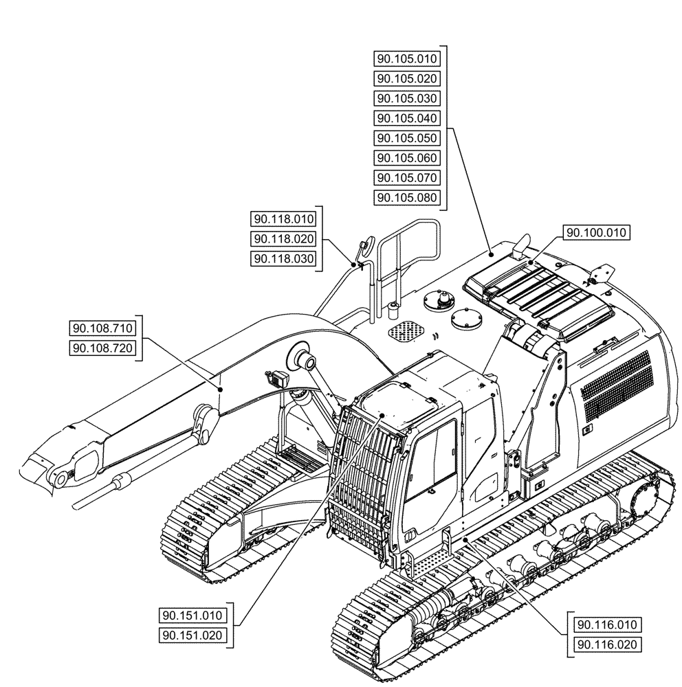 Схема запчастей Case CX290D LC MH - (90.000.00[01]) - SECTION INDEX - PLATFORM, CAB, BODYWORK & DECALS (90) - PLATFORM, CAB, BODYWORK AND DECALS