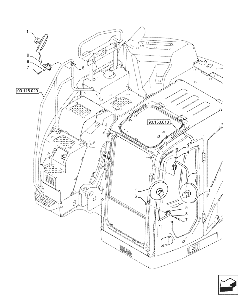 Схема запчастей Case CX145D SR LC W/BLADE - (90.118.010) - REAR VIEW MIRROR, OUTSIDE (90) - PLATFORM, CAB, BODYWORK AND DECALS