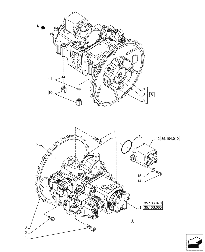 Схема запчастей Case CX145D SR LC - (35.106.050) - VAR - 461863 - VARIABLE DELIVERY HYDRAULIC PUMP, CLAMSHELL BUCKET, ROTATION, W/ ELECTRICAL PROPORTIONAL CONTROL (35) - HYDRAULIC SYSTEMS