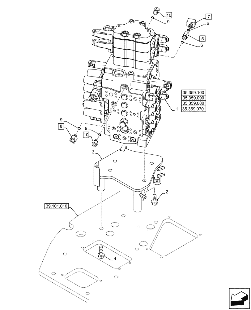 Схема запчастей Case CX145D SR LC W/BLADE - (35.359.060) - VAR - 461863 - CONTROL VALVE, MOUNTING, BRACKET, CLAMSHELL BUCKET, ROTATION, W/ ELECTRICAL PROPORTIONAL CONTROL (35) - HYDRAULIC SYSTEMS