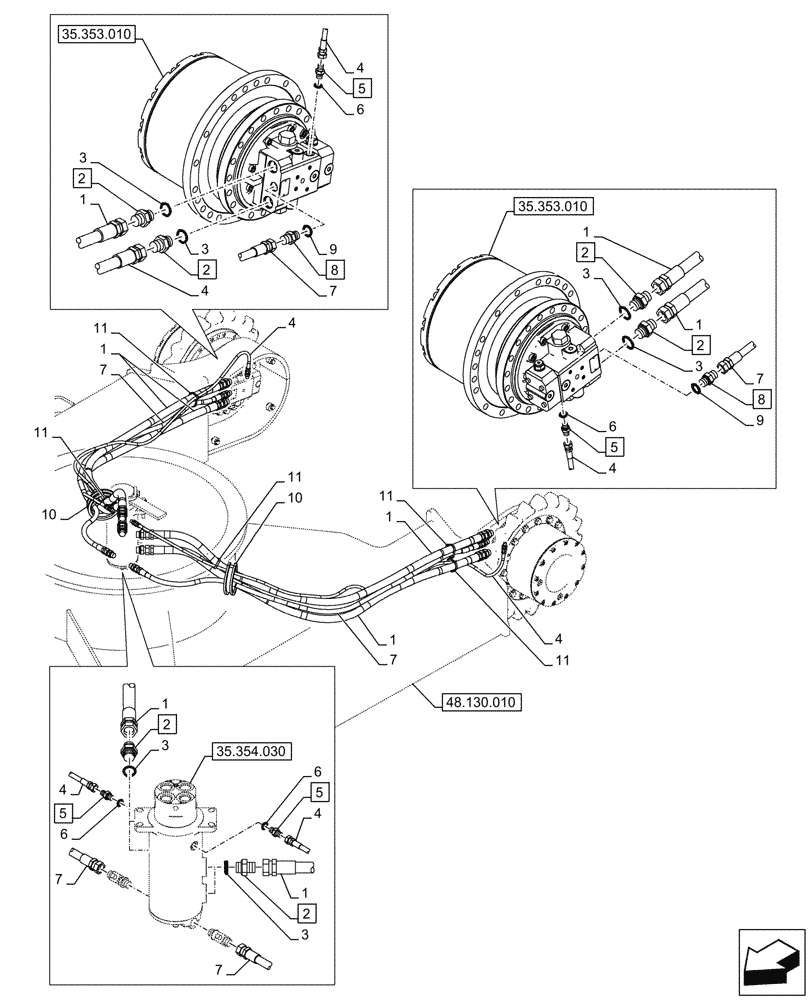 Схема запчастей Case CX145D SR LC W/BLADE - (35.353.030) - TRAVEL MOTOR & REDUCTION GEAR, LINE (35) - HYDRAULIC SYSTEMS