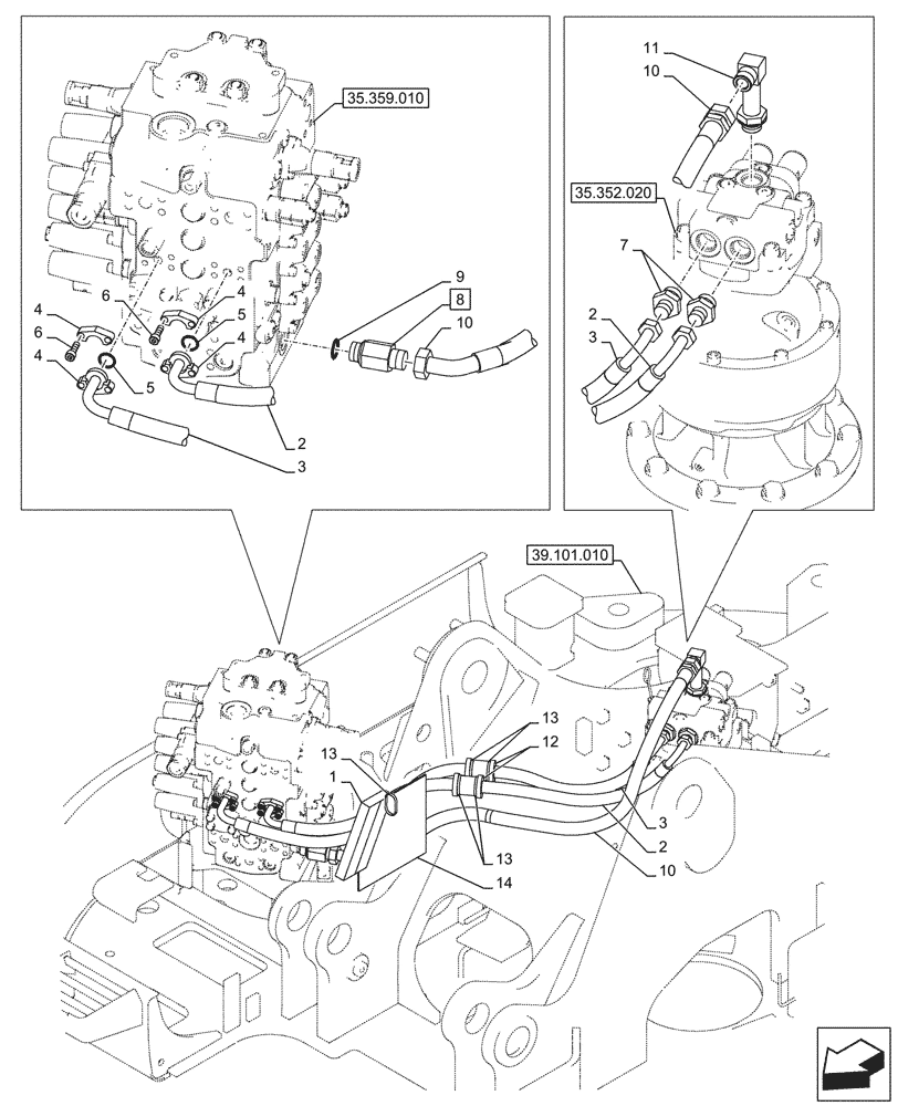 Схема запчастей Case CX145D SR LC W/BLADE - (35.352.010) - MOTO-REDUCTION GEAR, LINES (35) - HYDRAULIC SYSTEMS