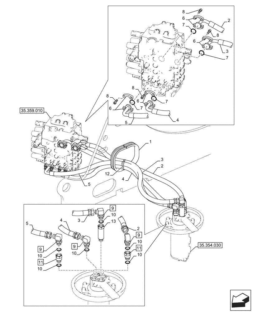Схема запчастей Case CX145D SR LC W/BLADE - (35.354.010) - HYDRAULIC SWIVEL, LINES (35) - HYDRAULIC SYSTEMS