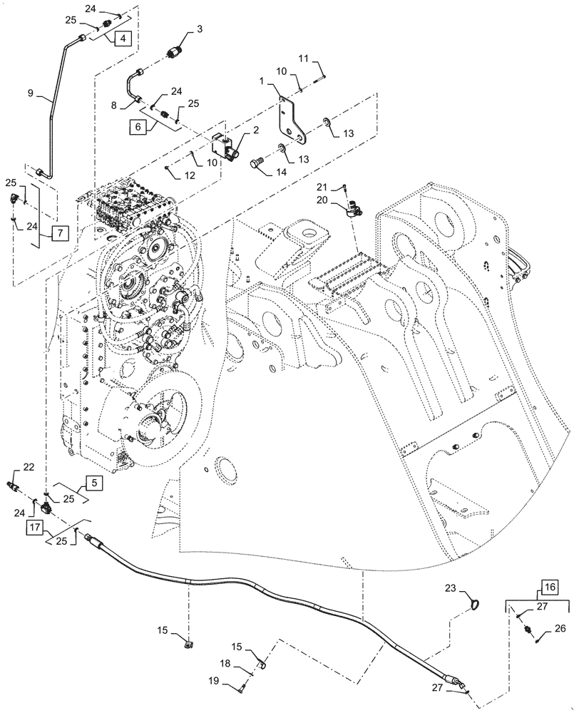 Схема запчастей Case 1121G - (25.102.050) - DIFFERENTIAL LOCK LINE INSTALLATION (25) - FRONT AXLE SYSTEM