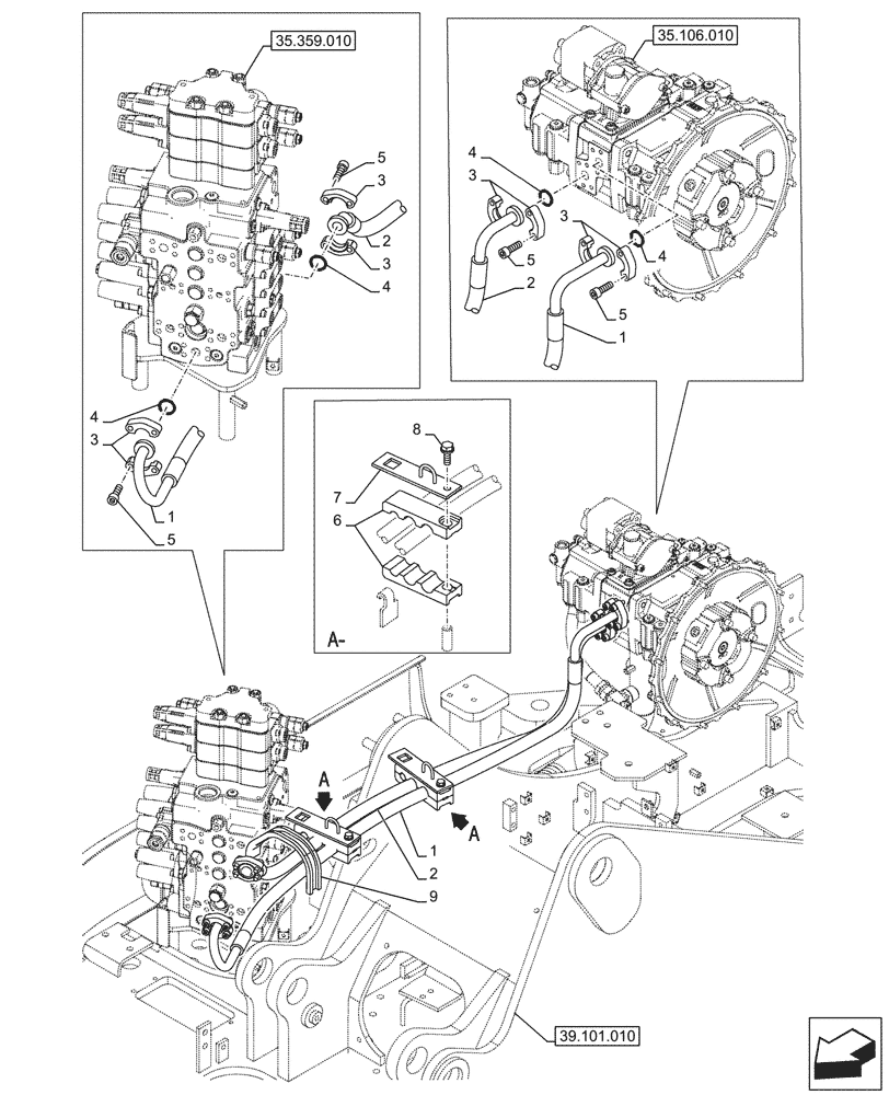 Схема запчастей Case CX145D SR LC W/BLADE - (35.106.080) - VARIABLE DELIVERY HYDRAULIC PUMP, PRESSURE PIPE (35) - HYDRAULIC SYSTEMS