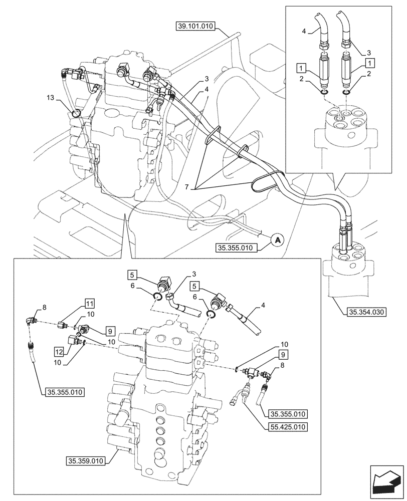 Схема запчастей Case CX145D SR LC W/BLADE - (35.354.020) - HYDRAULIC SWIVEL, LINE, BLADE (35) - HYDRAULIC SYSTEMS