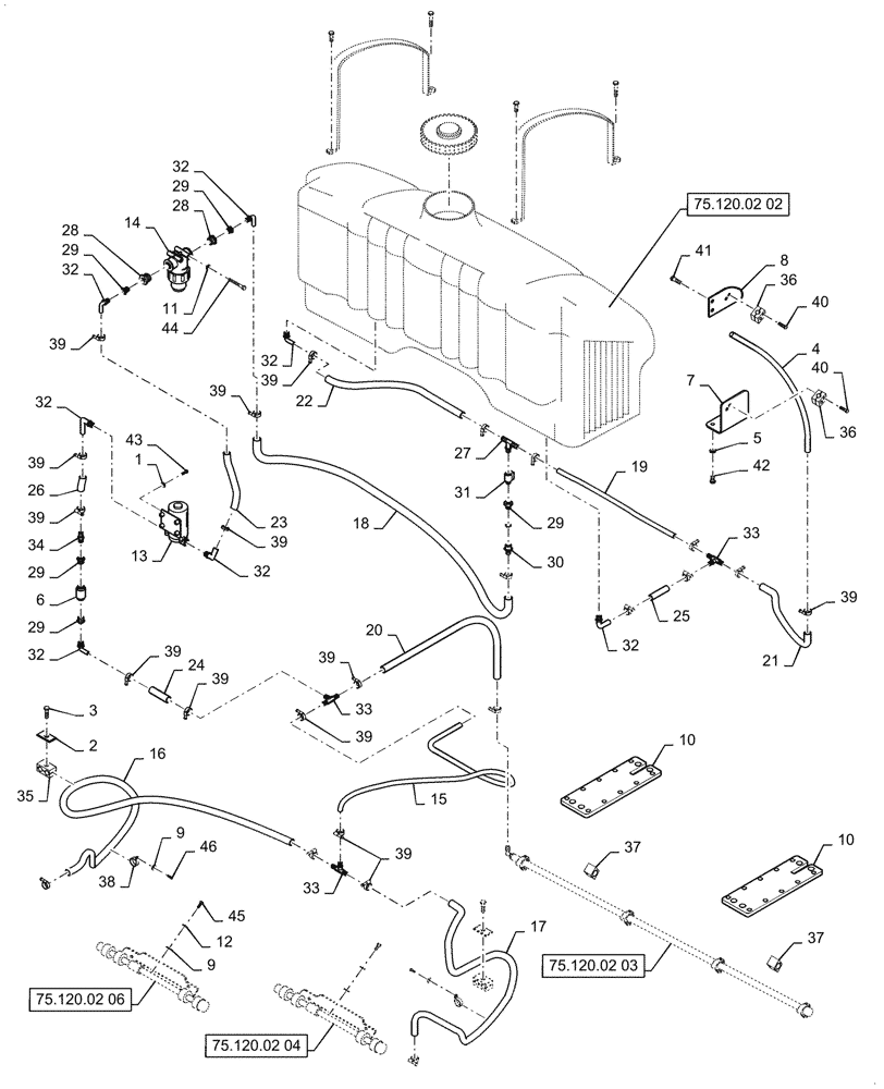 Схема запчастей Case PT240 - (75.120.02[01]) - SPRINKLING SYSTEM - BTW NBNTN2339 - NENTN2695 (75) - SOIL PREPARATION