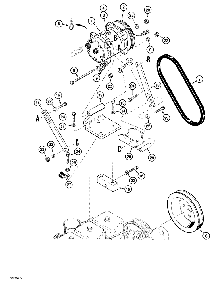 Схема запчастей Case 580SL - (9-144) - AIR CONDITIONING, COMPRESSOR MOUNTING AND DRIVE (09) - CHASSIS/ATTACHMENTS