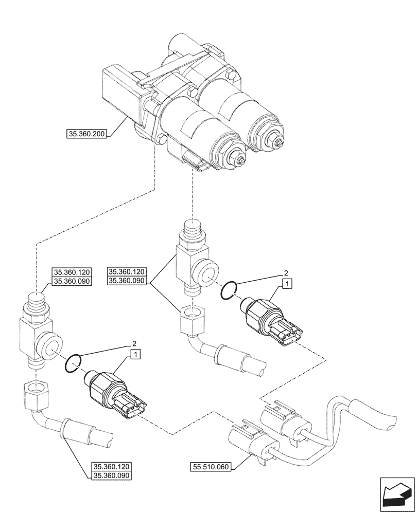 Схема запчастей Case CX145D SR LC - (55.425.030) - VAR - 461868, 461869, 461871 - PRESSURE SENSOR, HAMMER CIRCUIT, SHEARS, HIGH FLOW, W/ ELECTRICAL PROPORTIONAL CONTROL (55) - ELECTRICAL SYSTEMS