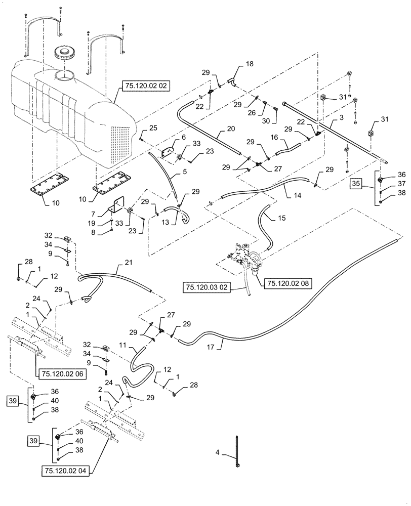 Схема запчастей Case PT240 - (75.120.03[01]) - SPRINKLING SYSTEM - BTW NENTN2696 - NFNTN2780 (75) - SOIL PREPARATION