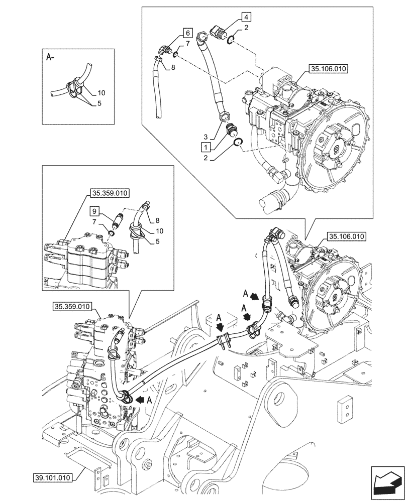 Схема запчастей Case CX145D SR LC W/BLADE - (35.106.100) - VAR - 461863 - VARIABLE DELIVERY HYDRAULIC PUMP, PRESSURE PIPE (35) - HYDRAULIC SYSTEMS