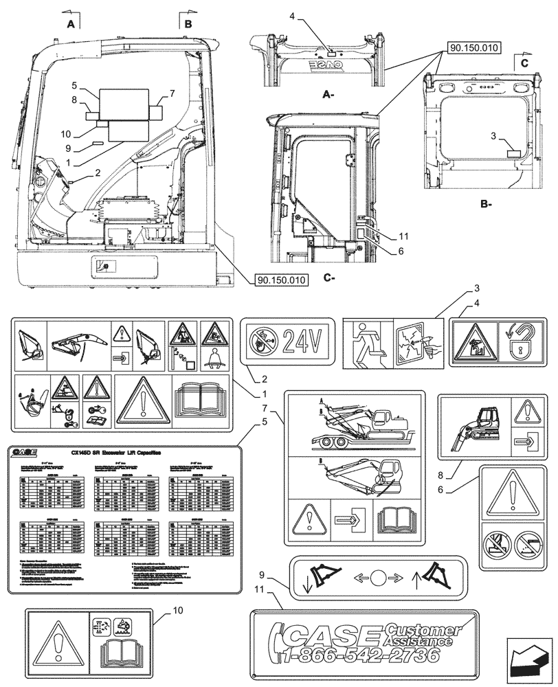 Схема запчастей Case CX145D SR LC W/BLADE - (90.108.010) - WARNING, DECALS (90) - PLATFORM, CAB, BODYWORK AND DECALS