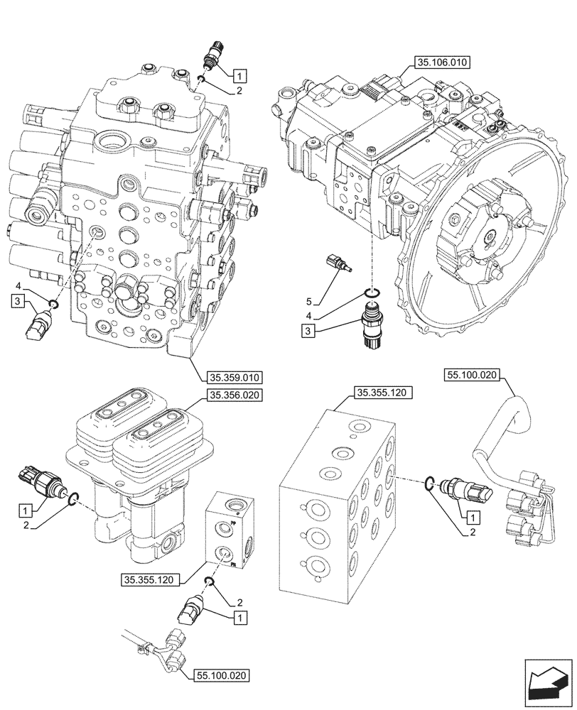 Схема запчастей Case CX145D SR LC - (55.036.020) - HYDRAULIC SYSTEM, SENSOR (55) - ELECTRICAL SYSTEMS