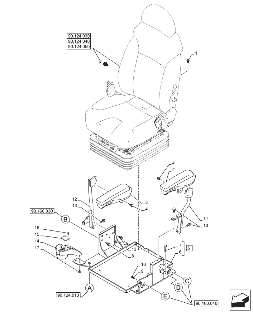 Схема запчастей Case CX145D SR LC W/BLADE - (90.124.020) - VAR - 488035, 781277 - SEAT, AIR SUSPENSION, BASE PLATE, ARMREST (90) - PLATFORM, CAB, BODYWORK AND DECALS