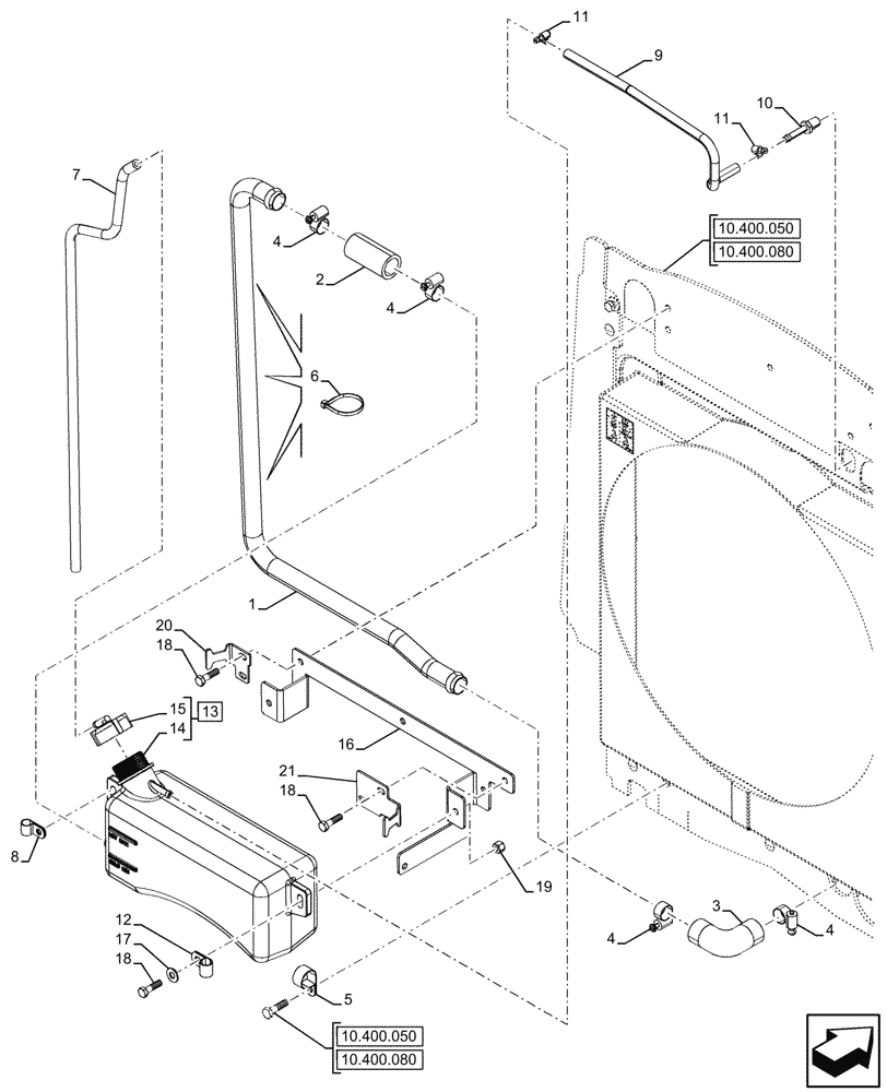 Схема запчастей Case 580N - (10.400.100) - VAR - 423000, 442082, 747853, 747854, 747855 - RADIATOR, EXPANSION TANK, HOSE (10) - ENGINE