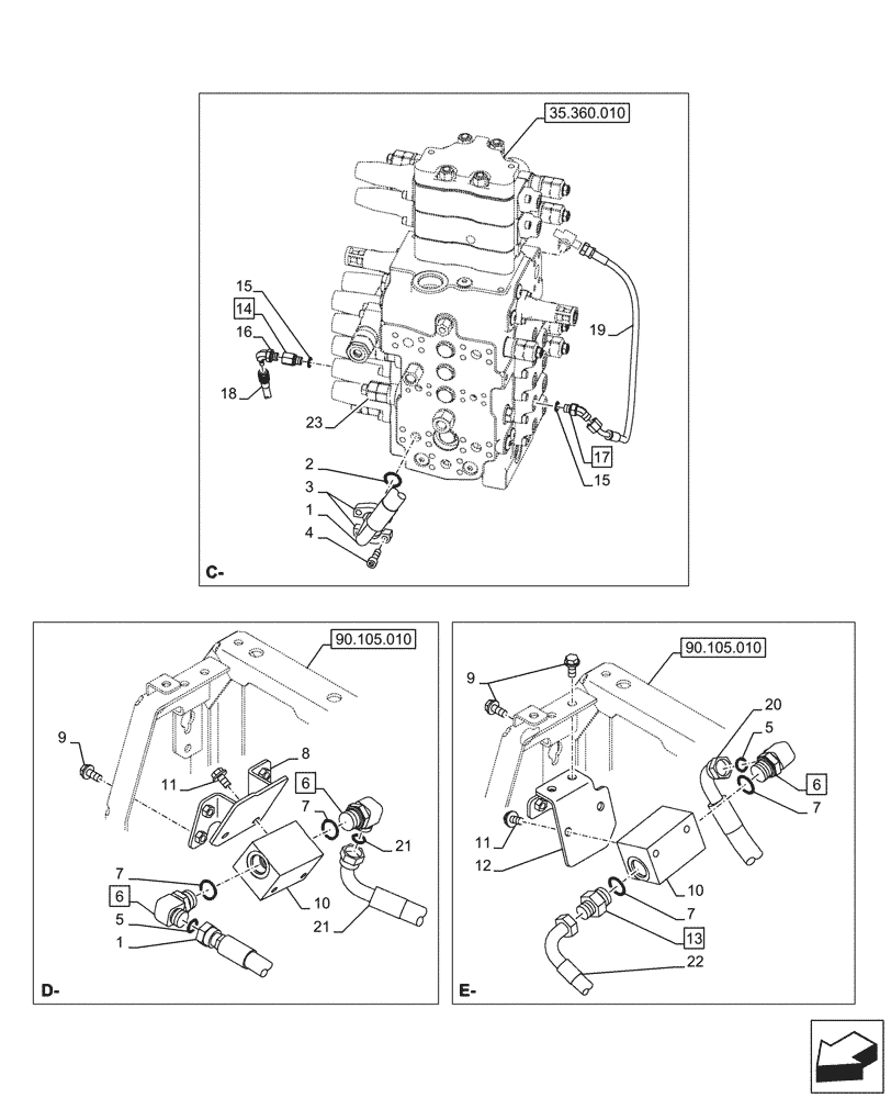 Схема запчастей Case CX145D SR LC W/BLADE - (35.360.160) - VAR - 461865 - HAMMER CIRCUIT, LINES, W/ ELECTRICAL PROPORTIONAL CONTROL (35) - HYDRAULIC SYSTEMS