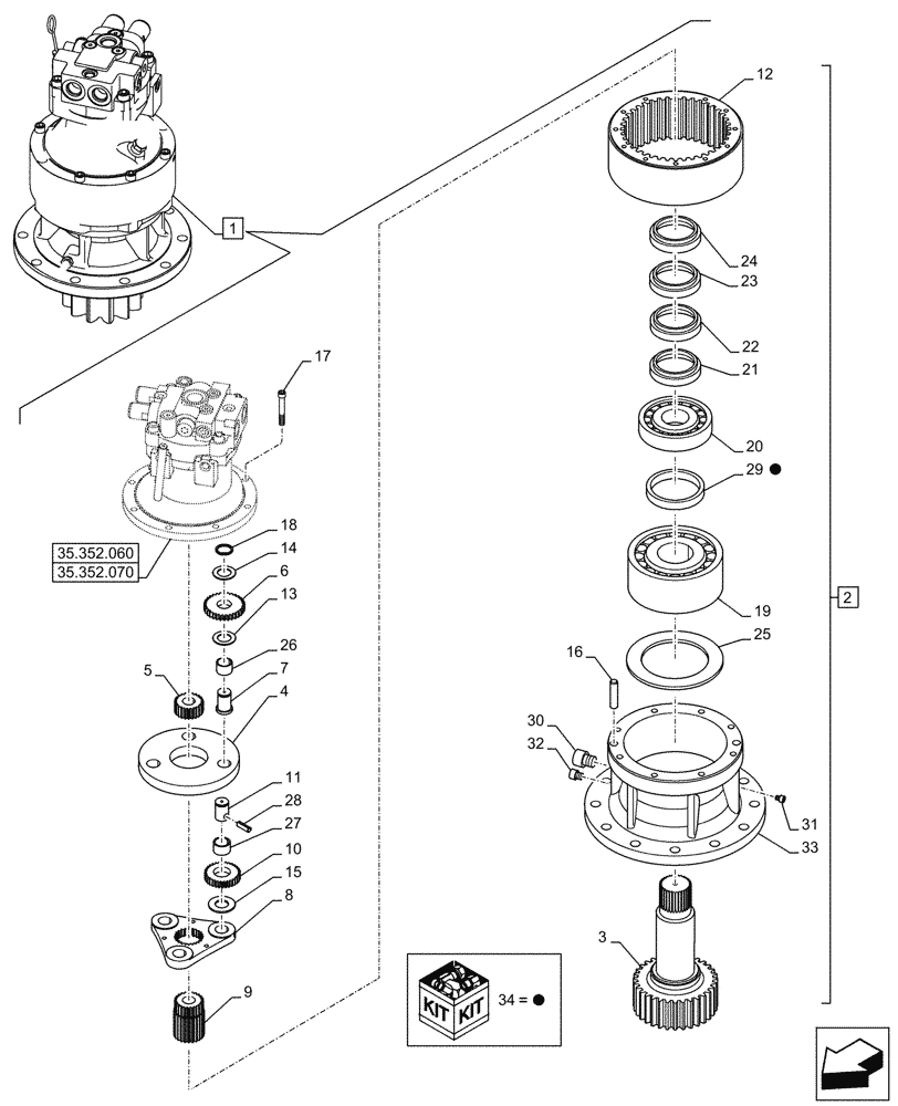 Схема запчастей Case CX145D SR LC W/BLADE - (35.352.080) - MOTO-REDUCTION GEAR, COMPONENTS (35) - HYDRAULIC SYSTEMS