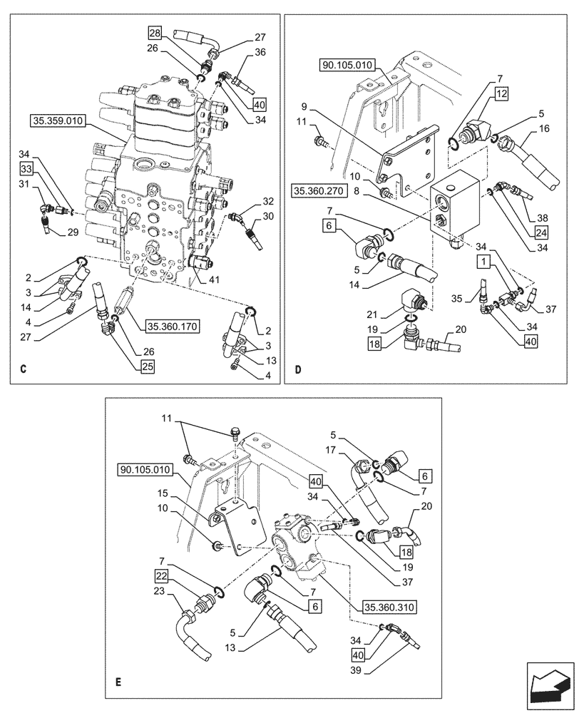 Схема запчастей Case CX145D SR LC W/BLADE - (35.360.110) - VAR - 461868 - HAMMER CIRCUIT, HIGH FLOW, W/ ELECTRICAL PROPORTIONAL CONTROL (35) - HYDRAULIC SYSTEMS