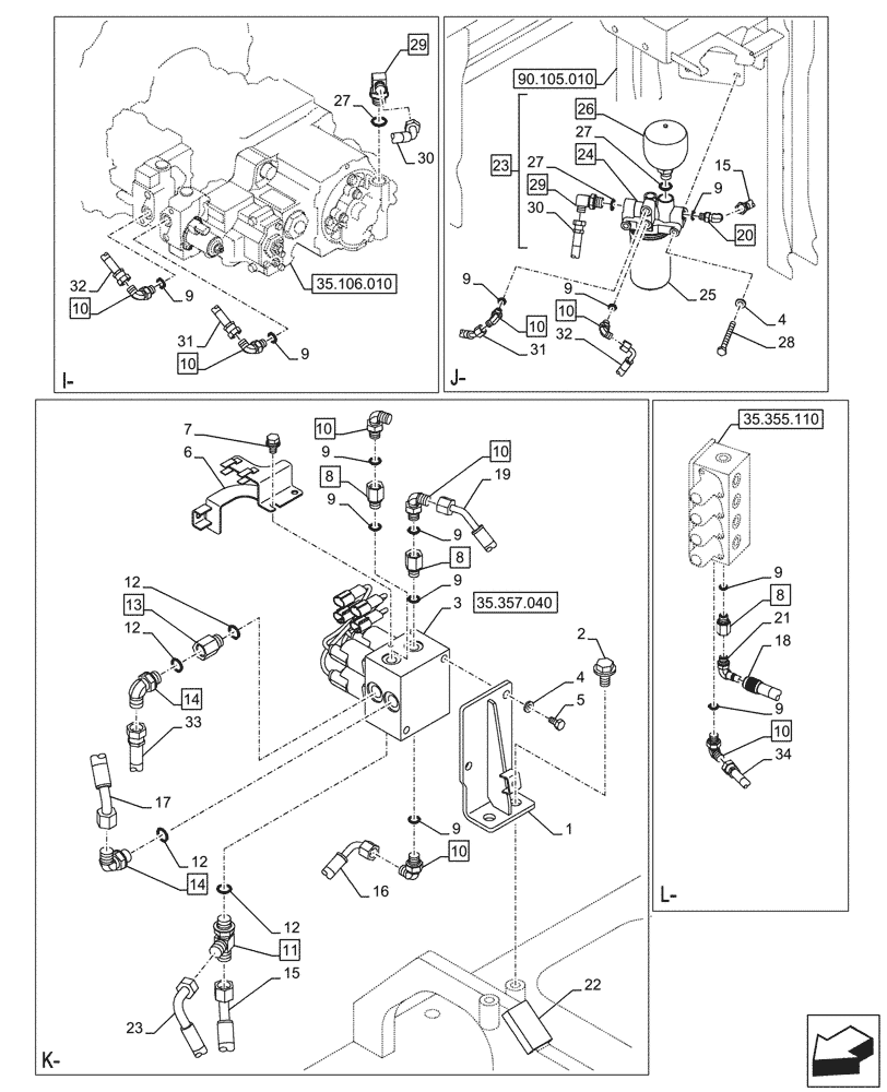 Схема запчастей Case CX145D SR LC W/BLADE - (35.357.030) - PILOT VALVE, CONTROL VALVE LINE (35) - HYDRAULIC SYSTEMS