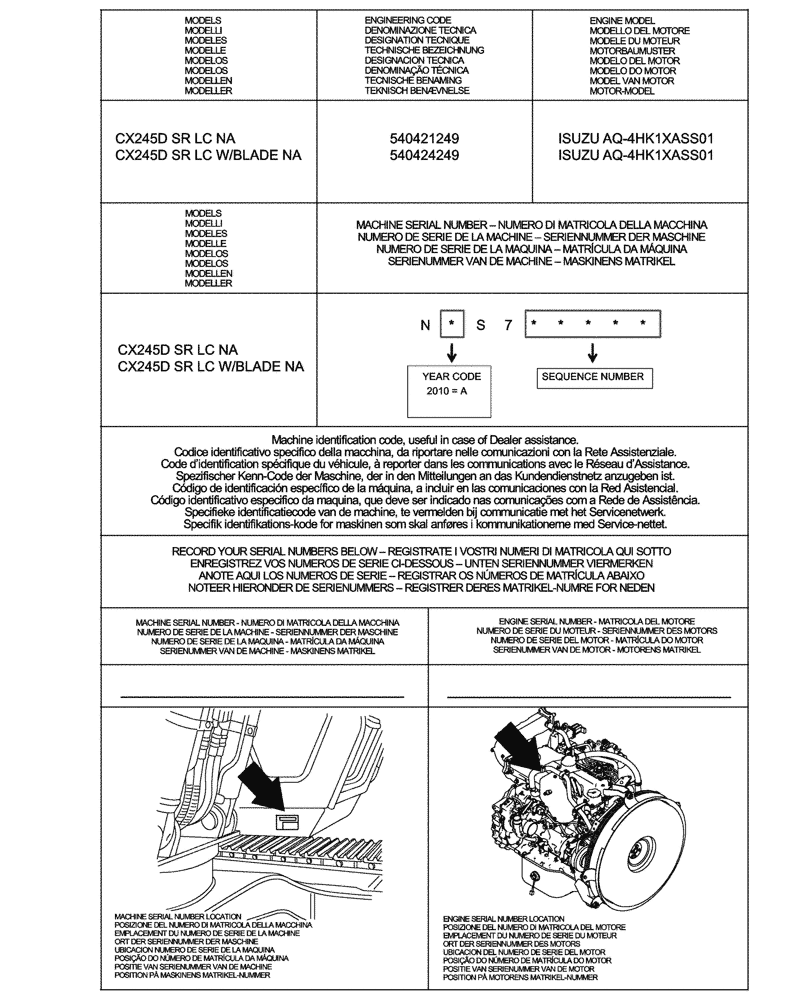 Схема запчастей Case CX245D - (00.100.01) - IDENTIFICATION PLATES AND VERSION LIST (00) - GENERAL & PICTORIAL INDEX