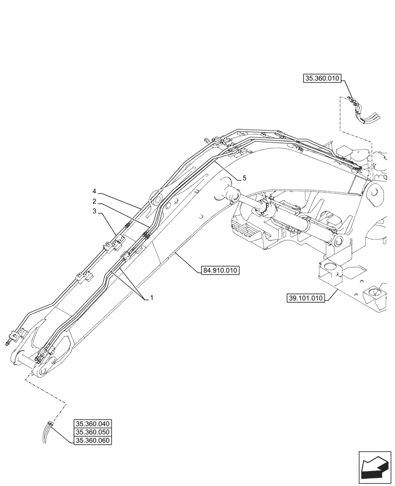 Схема запчастей Case CX145D SR LC - (35.360.030) - VAR - 461863 - BOOM LINE, CLAMSHELL BUCKET, ROTATION, W/ ELECTRICAL PROPORTIONAL CONTROL (35) - HYDRAULIC SYSTEMS