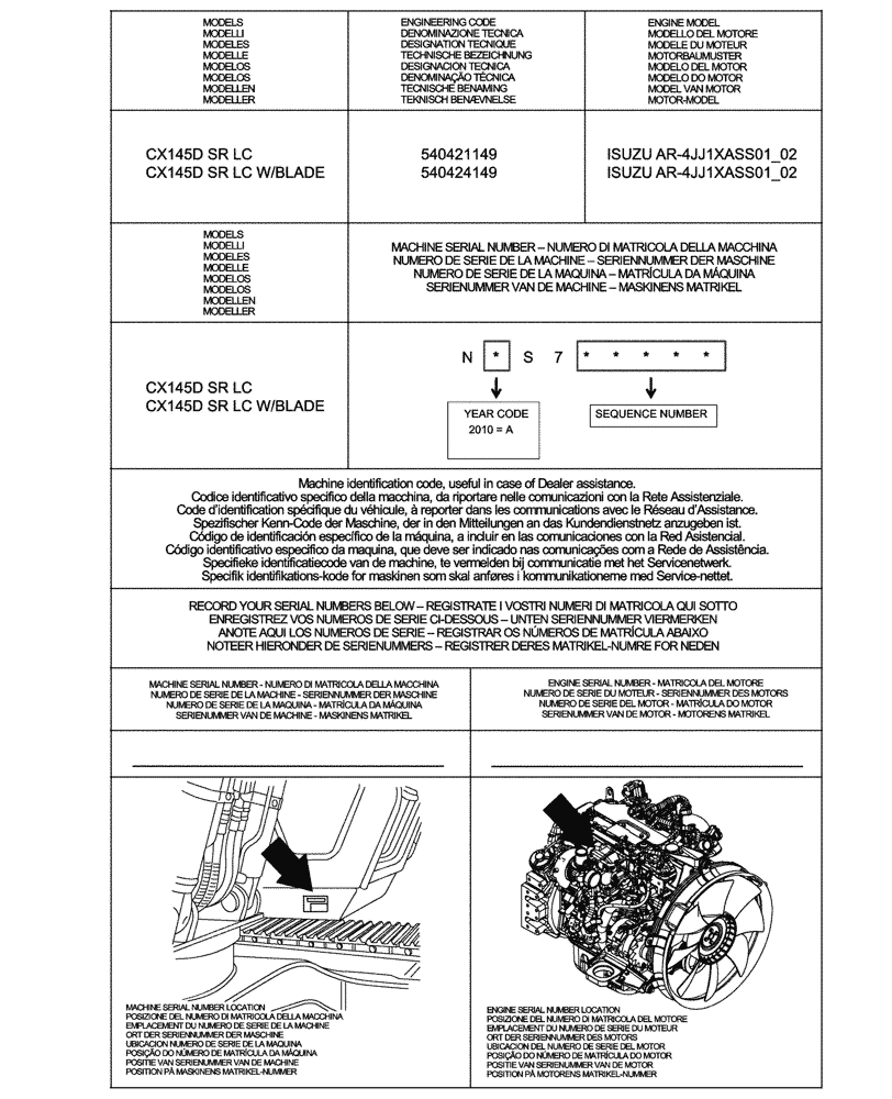 Схема запчастей Case CX145D SR LC W/BLADE - (00.100.01) - IDENTIFICATION PLATES AND VERSION LIST (00) - GENERAL & PICTORIAL INDEX