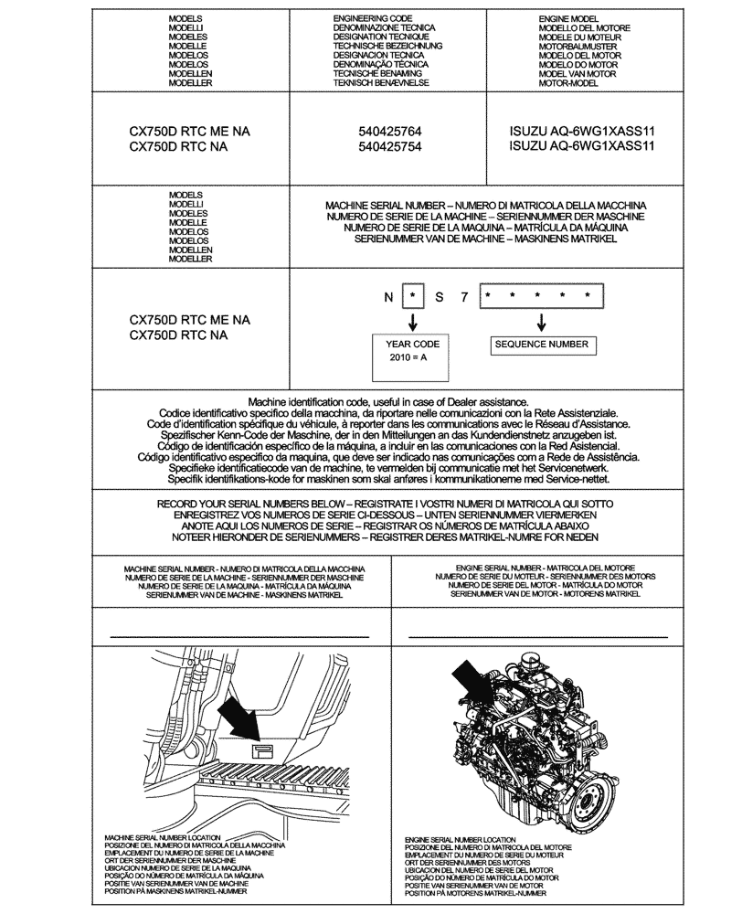 Схема запчастей Case CX750D RTC - (00.100.01) - IDENTIFICATION PLATES AND VERSION LIST (00) - GENERAL & PICTORIAL INDEX