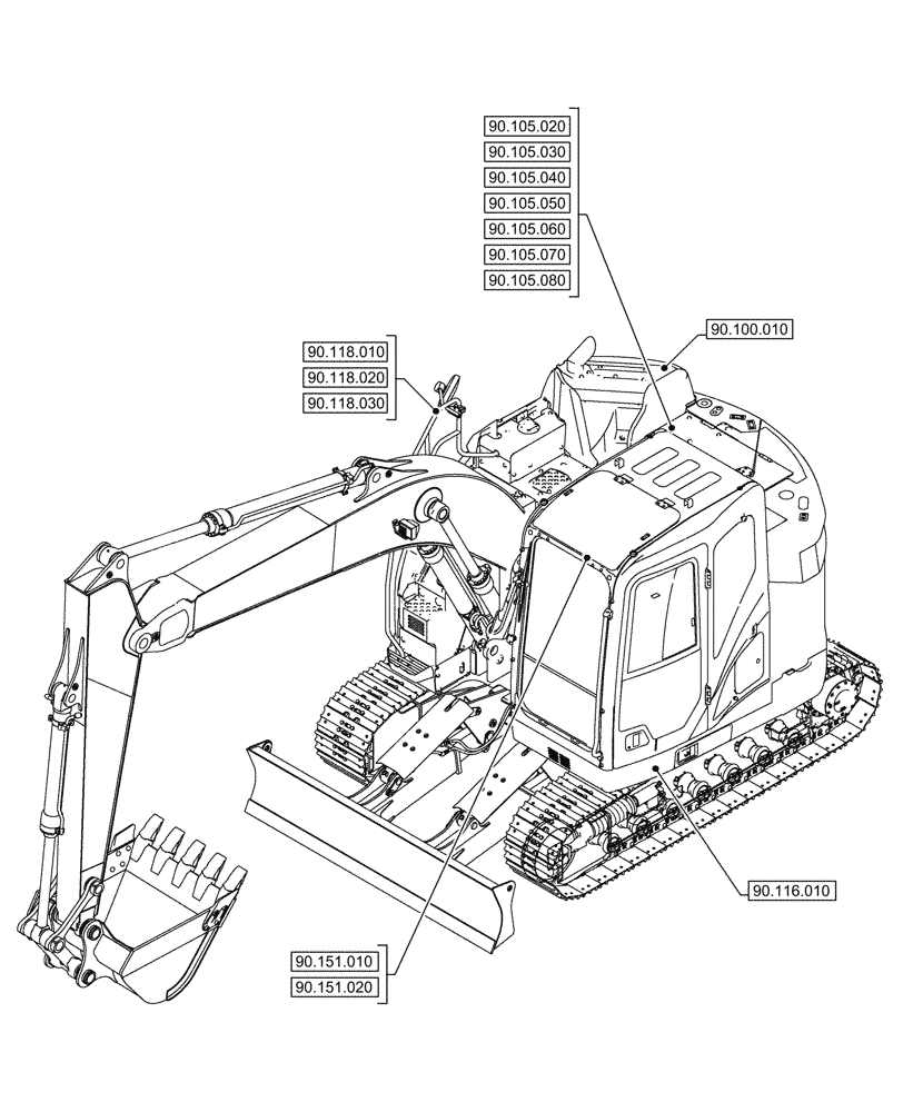 Схема запчастей Case CX245D - (90.000.00[01]) - SECTION INDEX - PLATFORM, CAB, BODYWORK & DECALS (90) - PLATFORM, CAB, BODYWORK AND DECALS