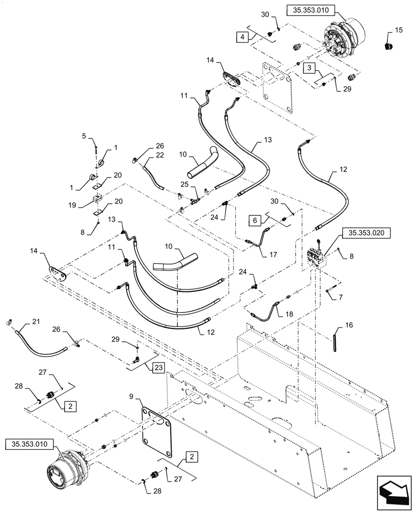 Схема запчастей Case TR340 - (35.353.AE[01]) - HYDROSTATIC MOTOR LINES, 2-SPEED MECHANICAL CONTROLS (03-OCT-2016 & NEWER) (35) - HYDRAULIC SYSTEMS