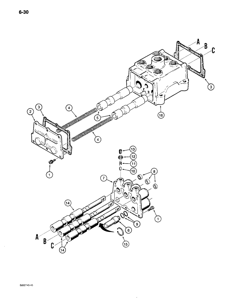 Схема запчастей Case 650 - (6-30) - THREE SPOOL VALVE ASSEMBLY (06) - POWER TRAIN