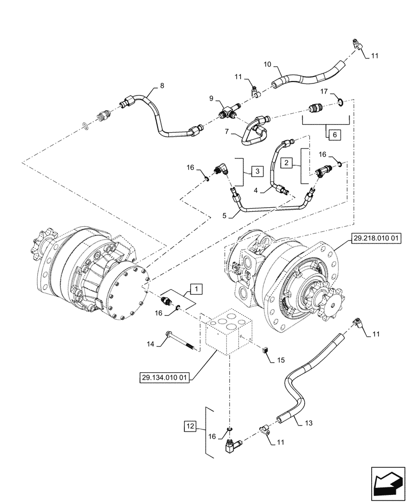 Схема запчастей Case SR270 - (29.204.010[01]) - SINGLE SPEED, BRAKE VALVE LINES (29) - HYDROSTATIC DRIVE