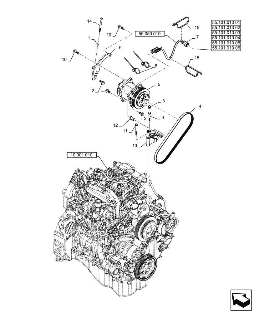 Схема запчастей Case TR340 - (50.200.030) - AIR CONDITIONING COMPRESSOR MOUNTING (50) - CAB CLIMATE CONTROL