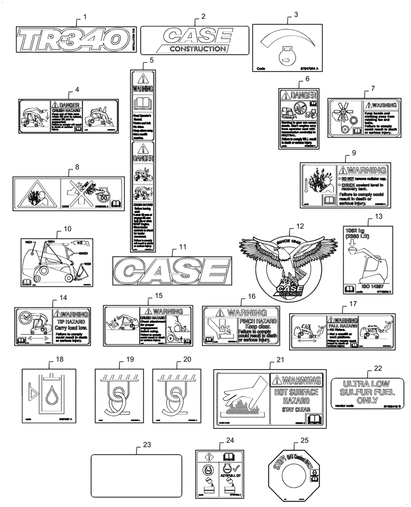 Схема запчастей Case TR340 - (90.108.020[01]) - DECALS (90) - PLATFORM, CAB, BODYWORK AND DECALS
