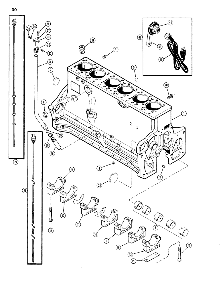 Схема запчастей Case 1150B - (030) - CYLINDER BLOCK, (451BD) DIESEL ENGINE, USED PRIOR TO ENGINE SN 2555990 (01) - ENGINE