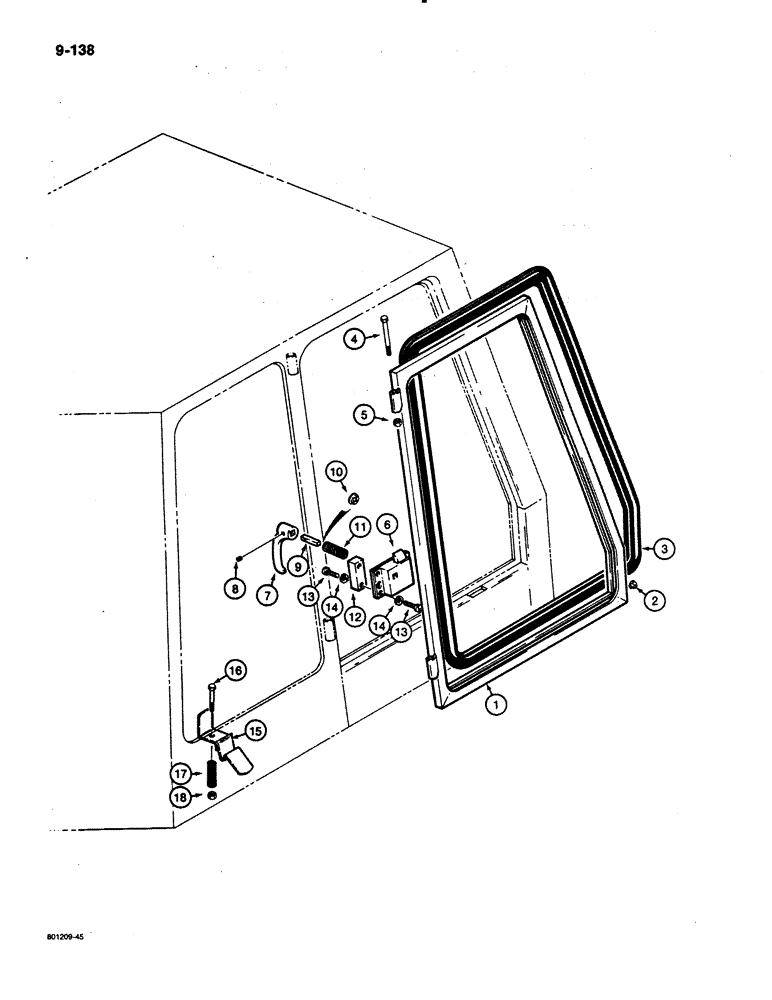 Схема запчастей Case 480E - (9-138) - CAB RIGHT-HAND WINDOW, 480E MODELS ONLY (09) - CHASSIS/ATTACHMENTS