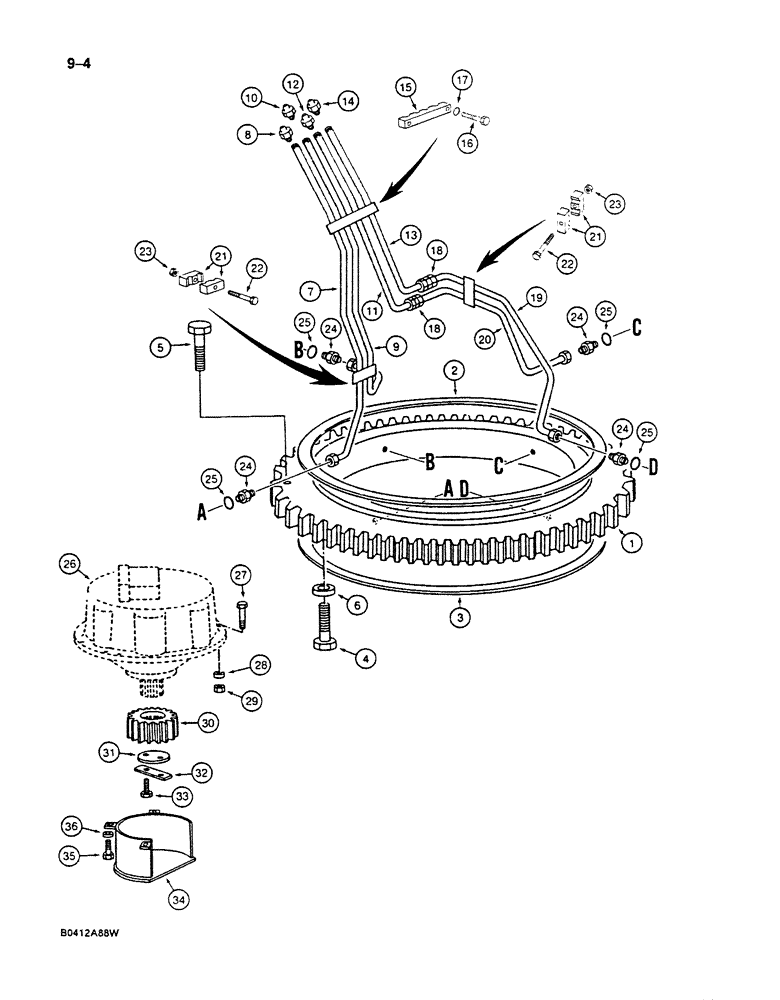 Схема запчастей Case 125B - (9-004) - TURNTABLE BEARING AND LUBRICATION LINES, P.I.N. 74845 THRU 74963, 21801 THRU 21868, 26801 AND AFTER (09) - CHASSIS