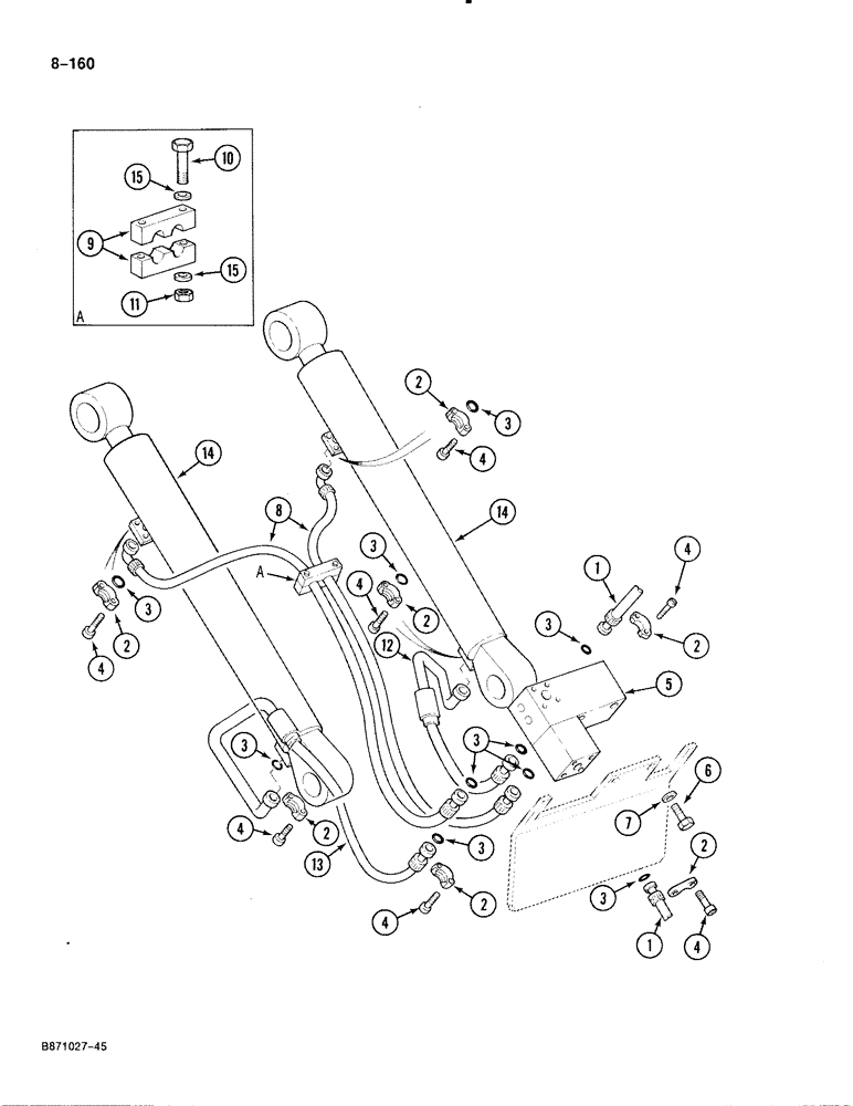 Схема запчастей Case 888 - (8-160) - BOOM CYLINDER CIRCUIT, HOSES AT CYLINDER - ROD END, P.I.N. 74290 AND AFTER (08) - HYDRAULICS