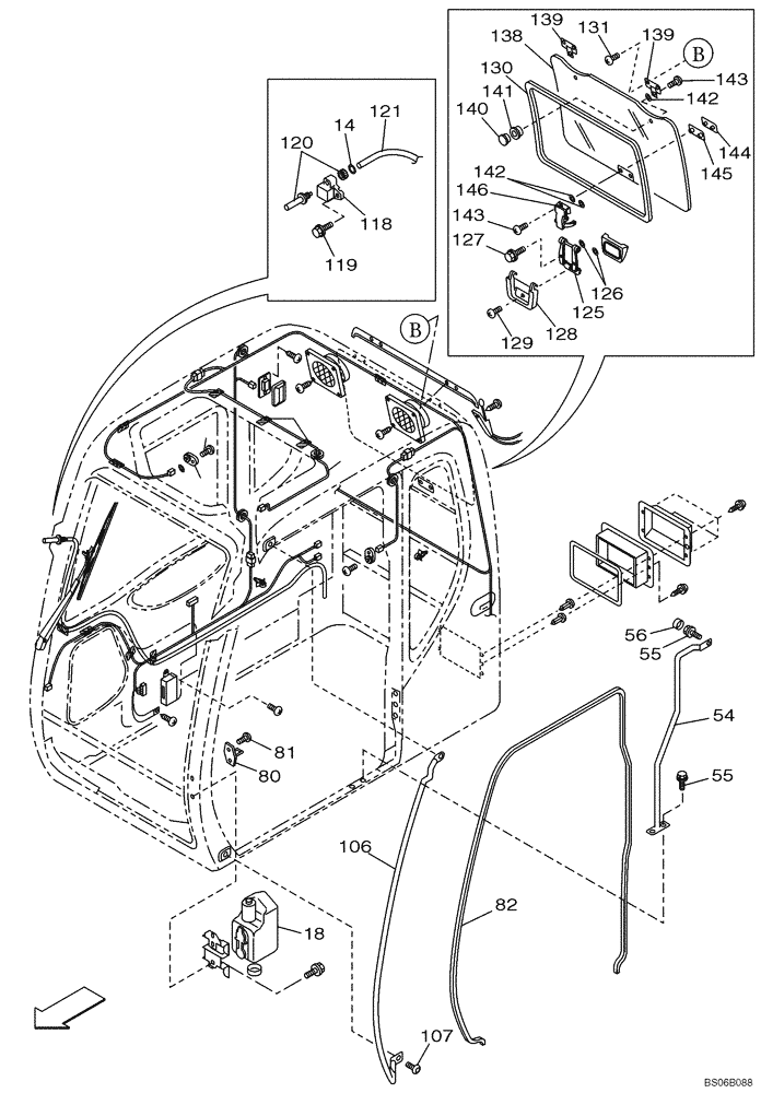 Схема запчастей Case CX460 - (09-30) - CAB - REAR WINDOW - HANDLE - WINDSHIELD WASHER (09) - CHASSIS/ATTACHMENTS