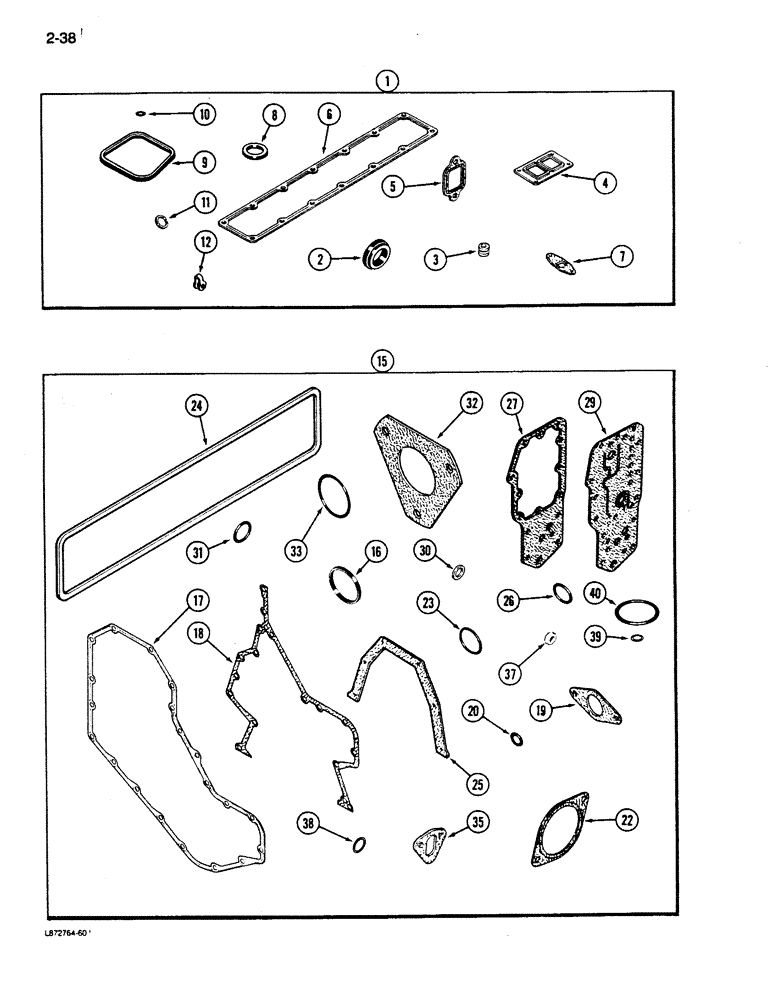 Схема запчастей Case 850D - (2-38) - ENGINE GASKET KITS, 6-590 ENGINE, 6T-590 ENGINE, VALVE GRIND (02) - ENGINE