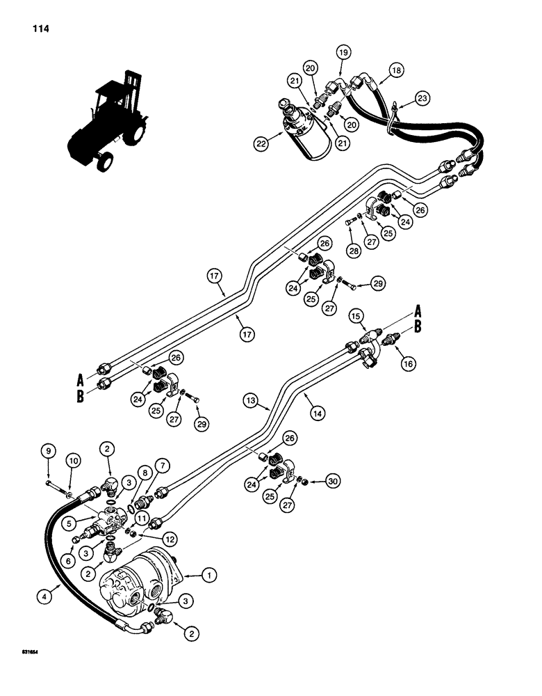 Схема запчастей Case 585D - (114) - STEERING HYDRAULIC CIRCT, STEERING & EQUIP PUMP TO STEERING CON VLV, ALL 4WD,2WD PIN 987900 0 & AFTR (41) - STEERING