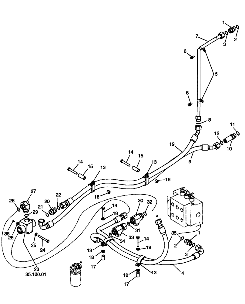 Схема запчастей Case 650L - (35.300.05) - HYDRAULICS, EQUIPMENT - CONTROL VALVE TO THERMAL BYPASS VALVE AND FILTER (35) - HYDRAULIC SYSTEMS